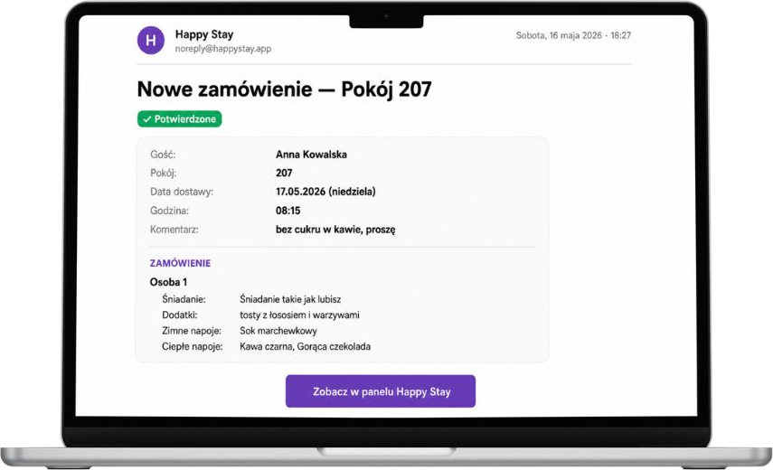 E-mail do recepcji z nowym zamówieniem śniadania